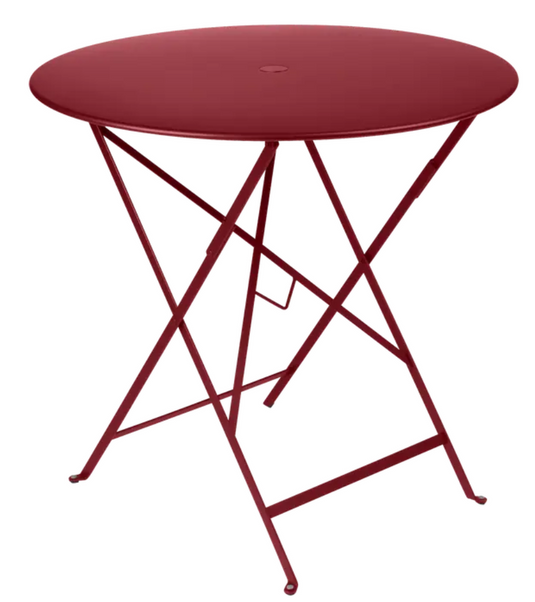 Fermob Bistro Round Folding Table in Chilli Red, 77cm diameter steel outdoor table for dining or hospitality use.