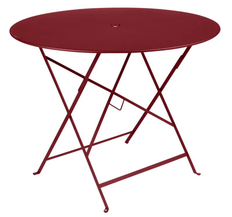 Load image into Gallery viewer, Chilli red Fermob round outdoor bistro table with metal construction and central parasol hole for patio or garden use
