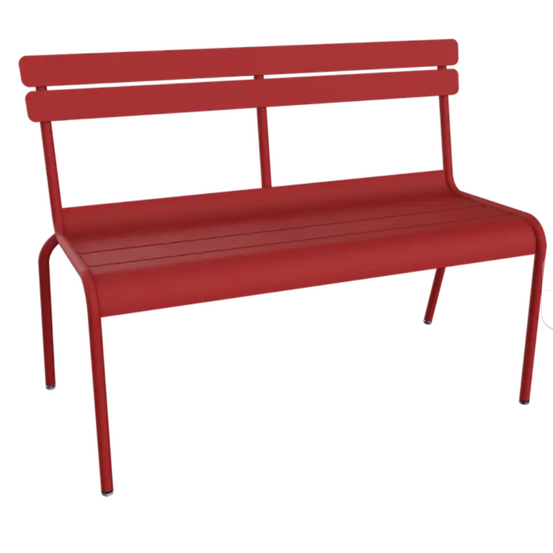 Load image into Gallery viewer, Fermob Luxembourg 2/3-seater outdoor bench with backrest in vibrant chilli color, suitable for patio or hallway seating.
