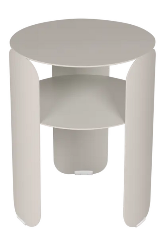 Fermob Bebop side table with a 35cm diameter, round clay grey metal design, suitable for outdoor use.