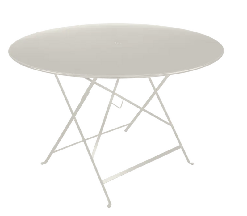 Load image into Gallery viewer, Large round Fermob Bistro Table with Ø117cm clay gray metal surface, perfect for outdoor six-seater dining.
