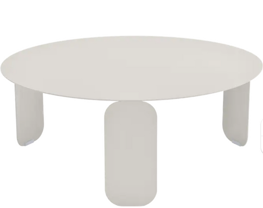 Fermob Bebop Low Table, 80cm diameter, clay grey outdoor coffee table with round design and anthracite finish.