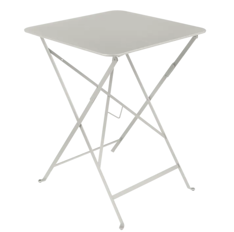 Load image into Gallery viewer, Clay grey Fermob metal foldable bistro table, 57x57 inches, outdoor cafe-style table shown with a compact, foldable design.
