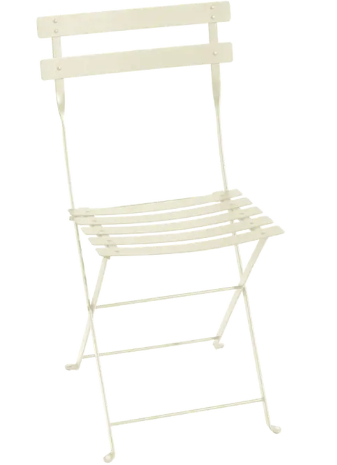 Load image into Gallery viewer, Clay grey Fermob Bistro metal folding chair with honey finish, outdoor cafe style, showing the chair unfolded for seating.

