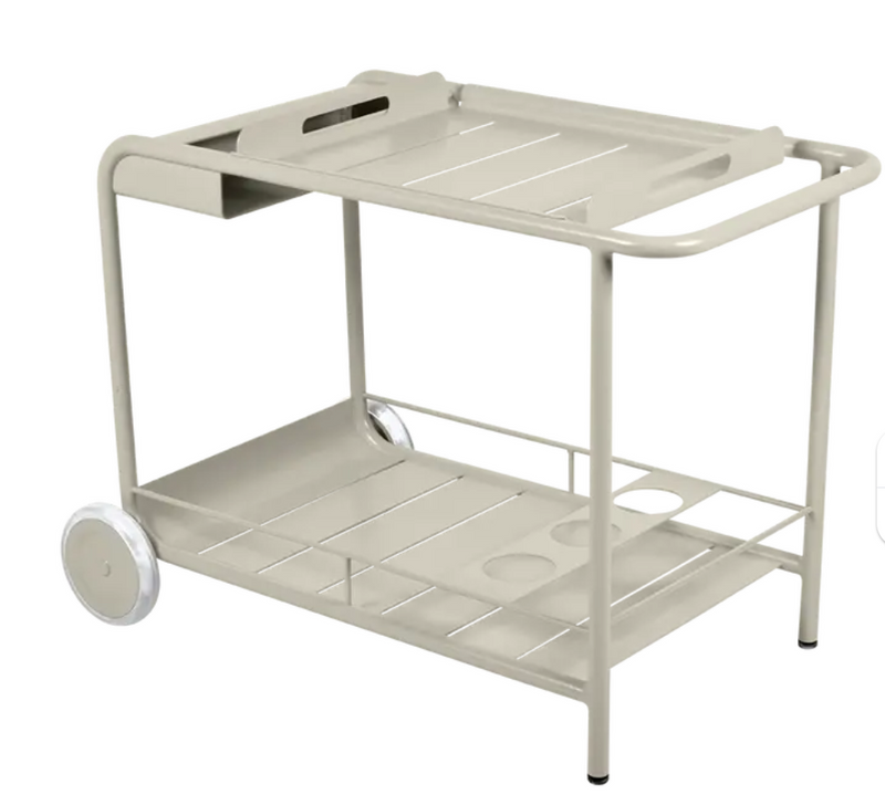 Load image into Gallery viewer, Clay grey Fermob Luxembourg Side Bar trolley with wheels, ideal for restaurant terrace drinks service and outdoor dining setups.
