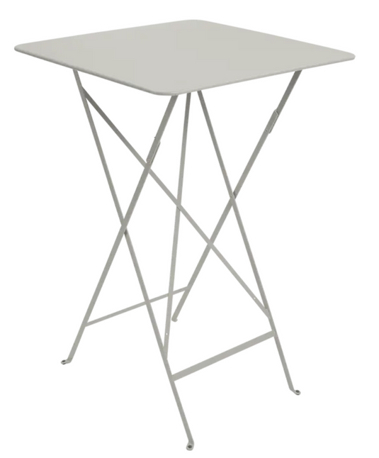 Clay grey Fermob Bistro high table, 71x71 cm foldable metal bar table for outdoor restaurant terrace dining.
