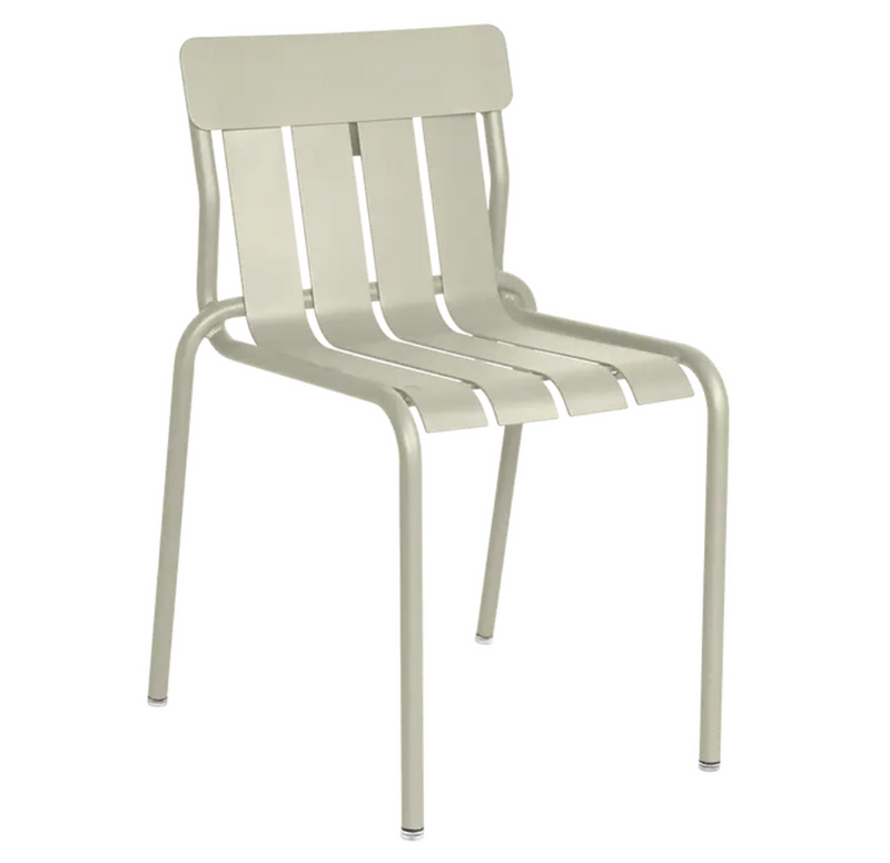 Load image into Gallery viewer, Stackable Fermob metal outdoor dining chair in clay grey with striped design, ideal for patio or hospitality settings
