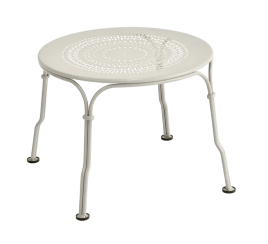 Fermob 1900 low metal table with a 45 cm diameter, featuring a round top and modern design for outdoor or indoor use.