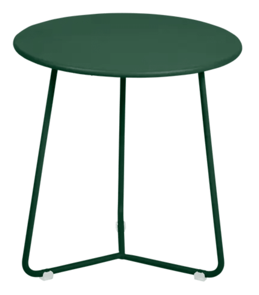 Fermob Cedar Green small occasional table with a round top and slender legs, 34cm diameter, ideal for versatile indoor or outdoor use.