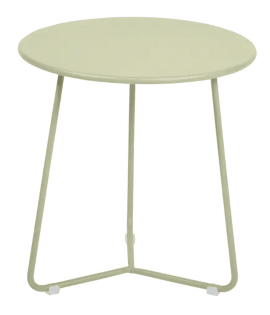 Willow green Fermob small occasional table with a round top and slender legs, 34cm diameter, ideal for living room or patio.