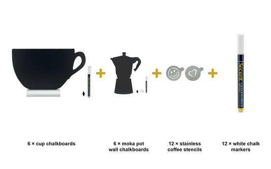 Coffee Bar Set - Cup Chalkboards on Aluminium Bases + Moka Pot Wall Chalkboards + Coffee Stencils + White Chalk Markers - what is in the set