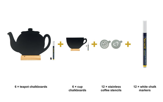 Coffee Corner Kitchen Set - Teapot & Cup Chalkboards on Wooden Bases + Coffee Stencils + White Chalk Markers - what is in the set