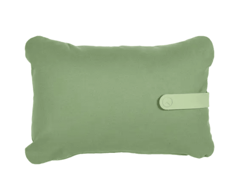 Load image into Gallery viewer, Eucalyptus green outdoor cushion by Fermob, 44 x 30 cm, with a colorful mix design for patio or garden seating.
