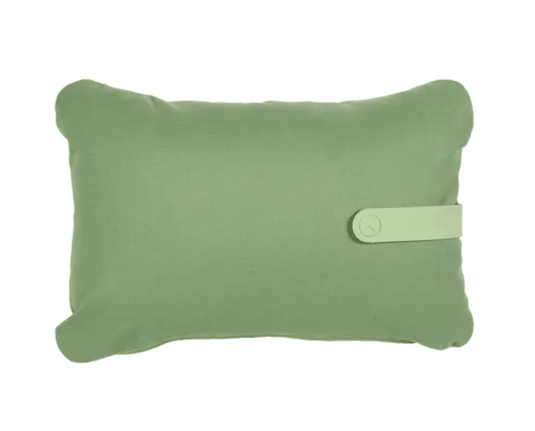 Eucalyptus green outdoor cushion by Fermob, 44 x 30 cm, with a colorful mix design for patio or garden seating.