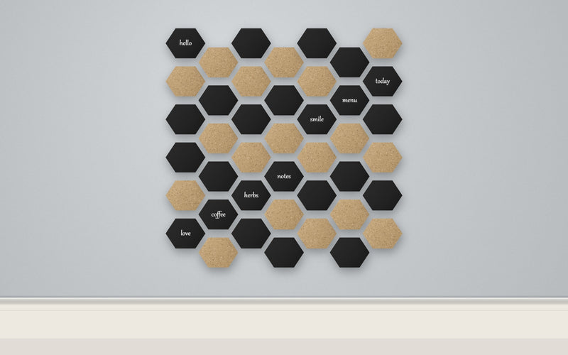 Load image into Gallery viewer, Cork &amp; Chalk Hexagon Gallery Wall Set - 42 Hexagon Chalkboard &amp; Cork Tiles + White Chalk Markers - what is in the set
