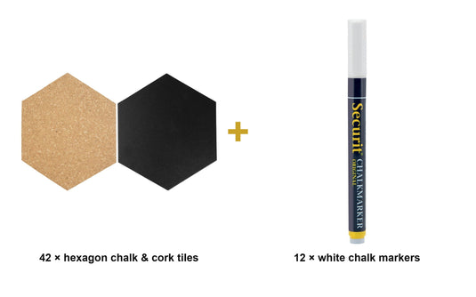 Cork & Chalk Hexagon Gallery Wall Set - 42 Hexagon Chalkboard & Cork Tiles + White Chalk Markers - what is in the set