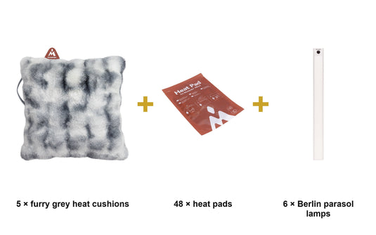 Cosy Garden Evenings Set - 5 Furry Grey Heat Pad Cushions + 48 Heat Pads + 6 Berlin Parasol Lamps - what is in the set