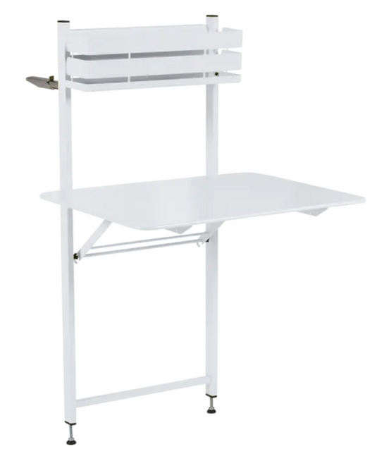 White foldable Fermob Bistro Balcony Table with metal frame, ideal for small outdoor spaces or apartment balconies.