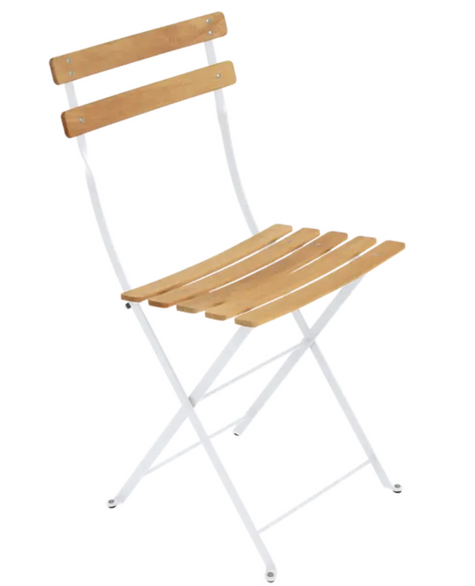 White Fermob Bistro Natural folding chair with wooden seat and metal frame, ideal for outdoor dining and patio furniture.