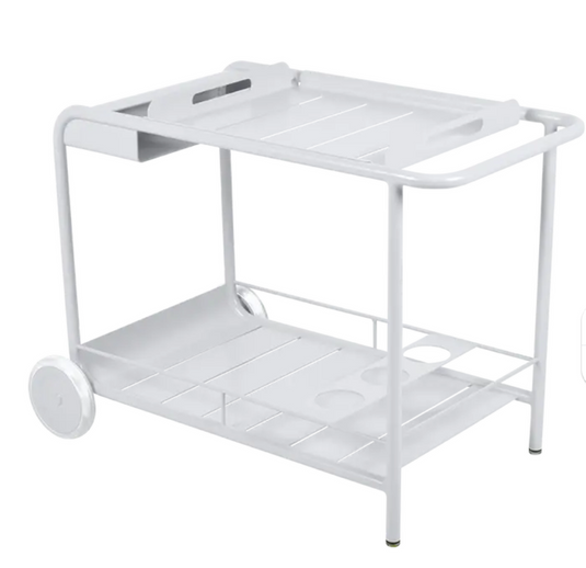 Fermob Luxembourg side bar trolley with white cotton finish, mobile table for restaurant terrace drinks service