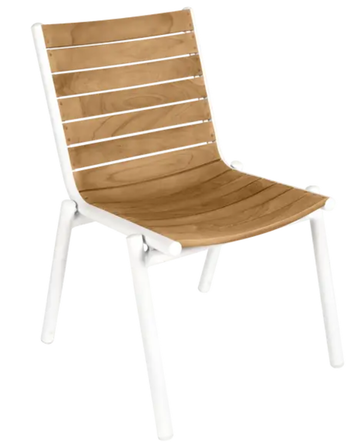 Load image into Gallery viewer, Fermob PILOTIS teak outdoor chair with white cotton cushions, featuring sleek aluminium frame and natural teak armrests.
