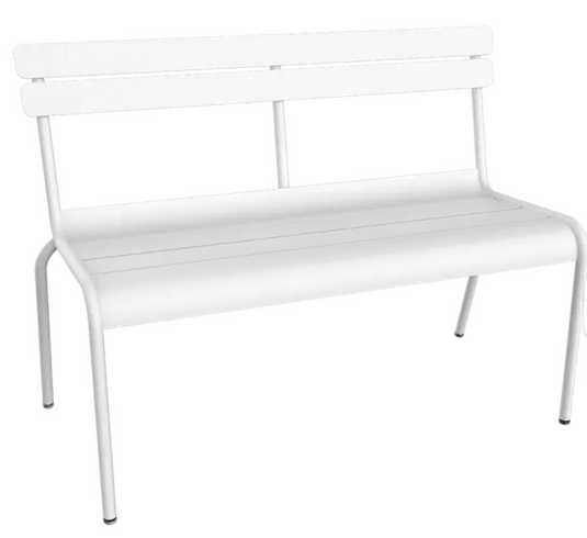 Fermob Luxembourg 2/3-seater outdoor bench with backrest, white cotton color, suitable for patio or hallway seating.