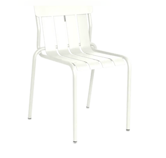 Fermob Stripe Stackable Outdoor Dining Chair in white metal, designed for outdoor use and hospitality settings.