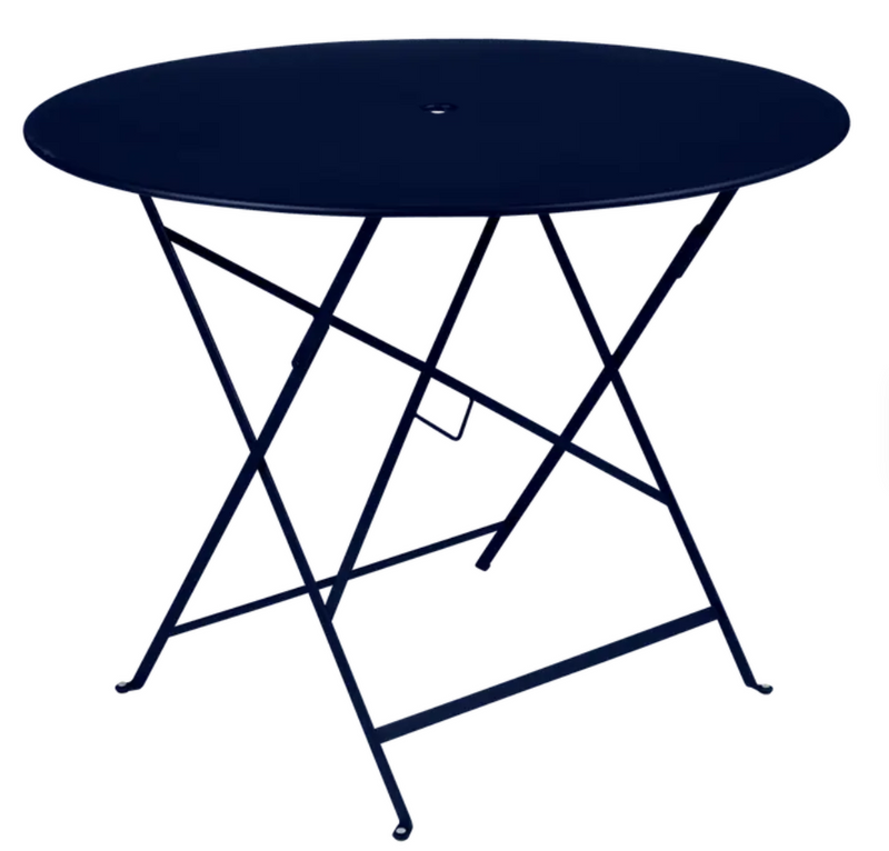Load image into Gallery viewer, Deep blue Fermob Bistro Table Ø 96 round outdoor metal table with central parasol hole for restaurant or patio use.
