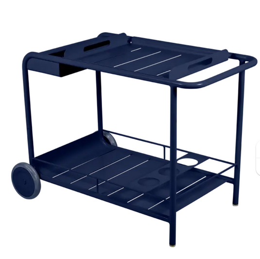 Deep blue Fermob Luxembourg Side Bar Trolley with wheels for restaurant terrace drinks service.