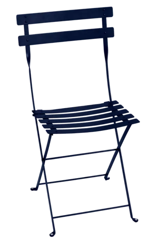 Load image into Gallery viewer, Deep blue Fermob Bistro Metal folding outdoor cafe chair with navy finish, featuring a sturdy metal frame and classic bistro style.
