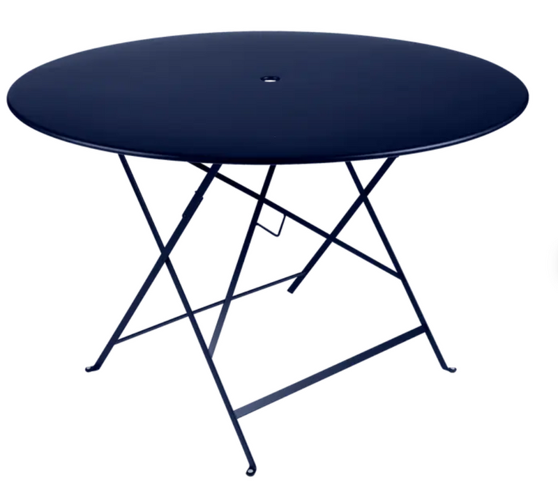 Load image into Gallery viewer, Deep blue Fermob round outdoor dining table, Ø117cm, six-seater bistro table with metal construction for outdoor use.
