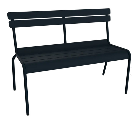 Deep blue Fermob Luxembourg 2/3-seater outdoor bench with backrest, suitable for outdoor or hallway seating.