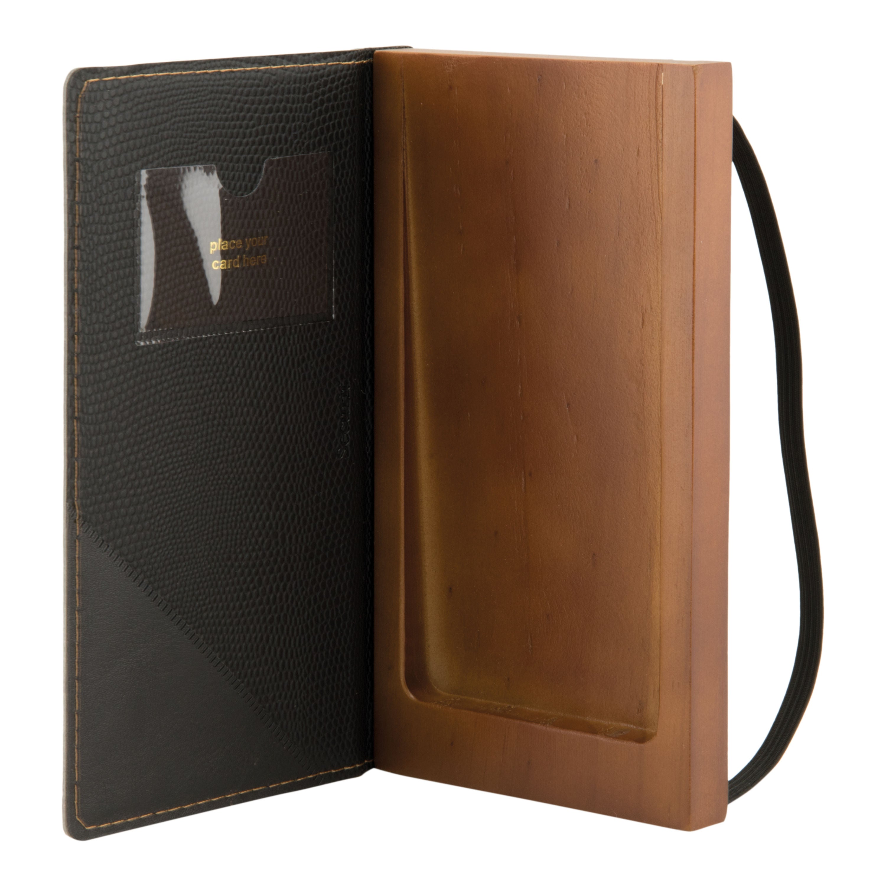 Black leather-style bill presenter with coin holder, pack of 10, by Custom Wood Designs, showing sleek, organized cash and coin storage.