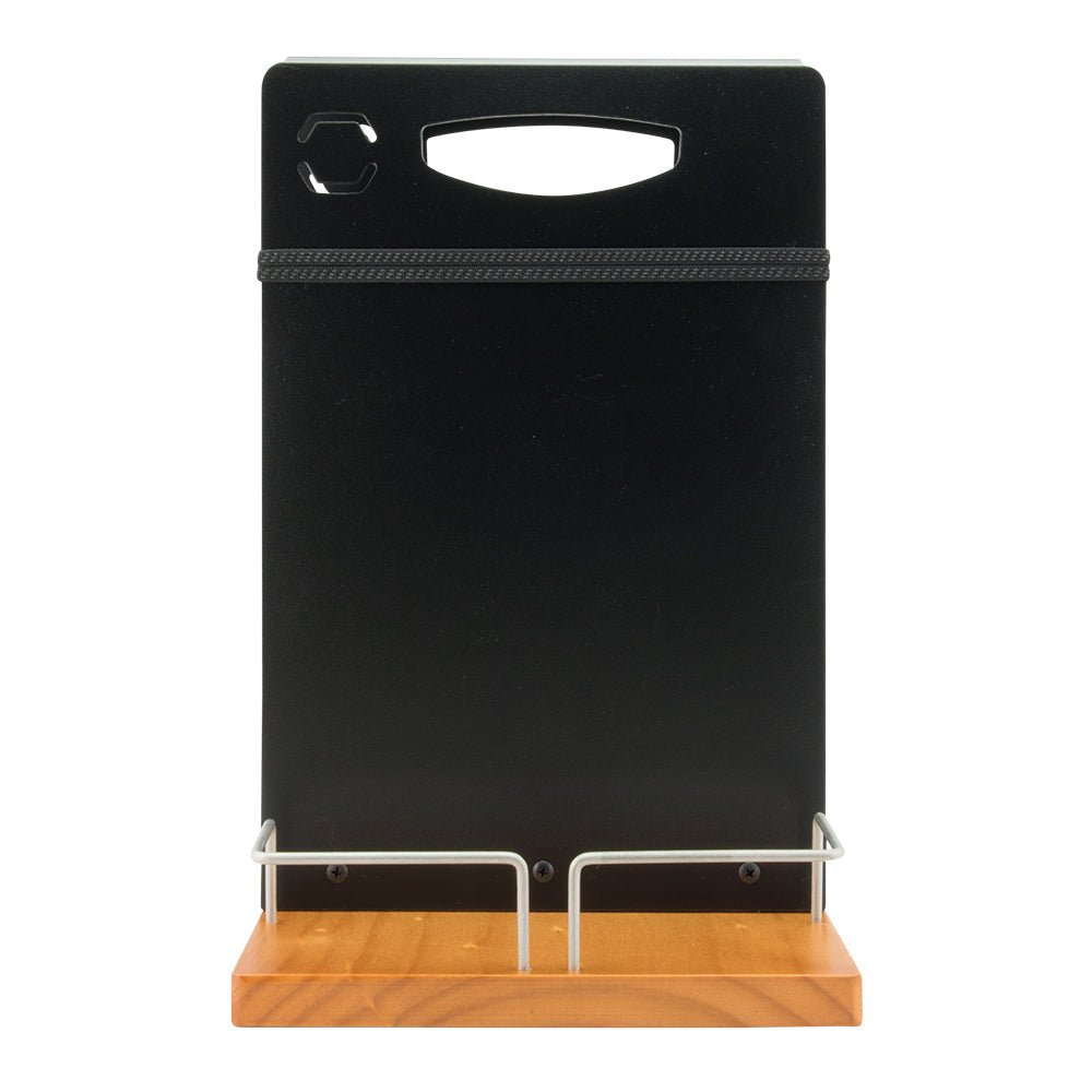 Six Securit chalkboard table caddies used as condiment dispensers, featuring blackboard surfaces for labeling on a dining table.