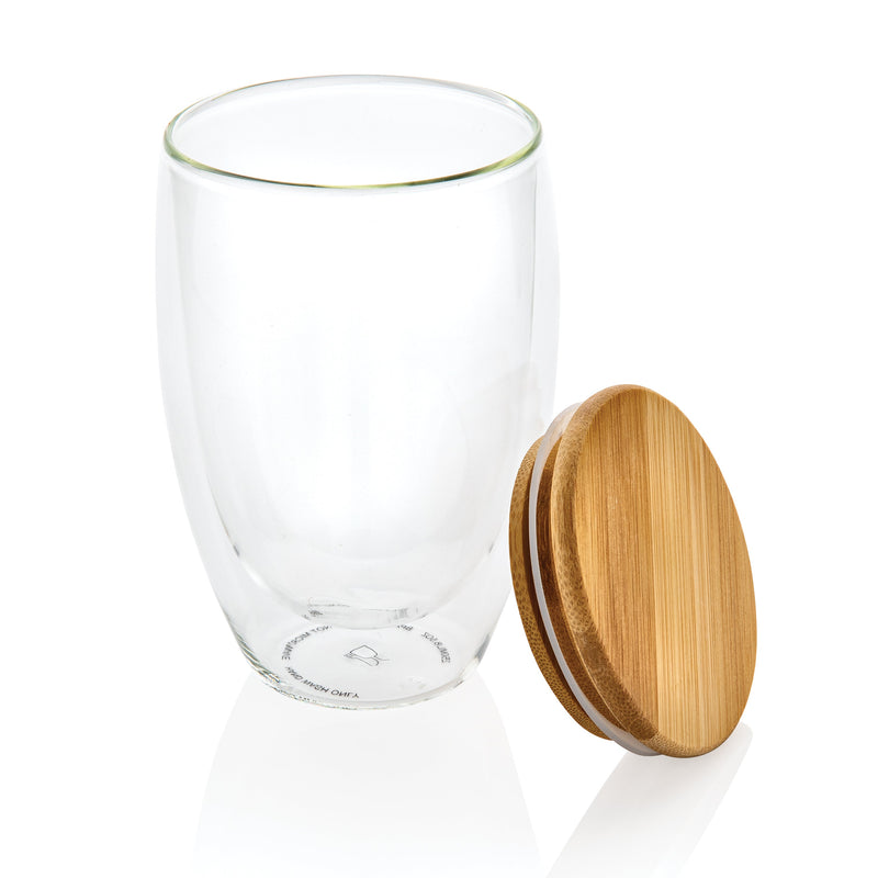 Load image into Gallery viewer, Double wall borosilicate glass with bamboo lid 350ml pack of 25 Custom Wood Designs __label: Multibuy default-title-double-wall-borosilicate-glass-with-bamboo-lid-350ml-pack-of-25-53613717487959
