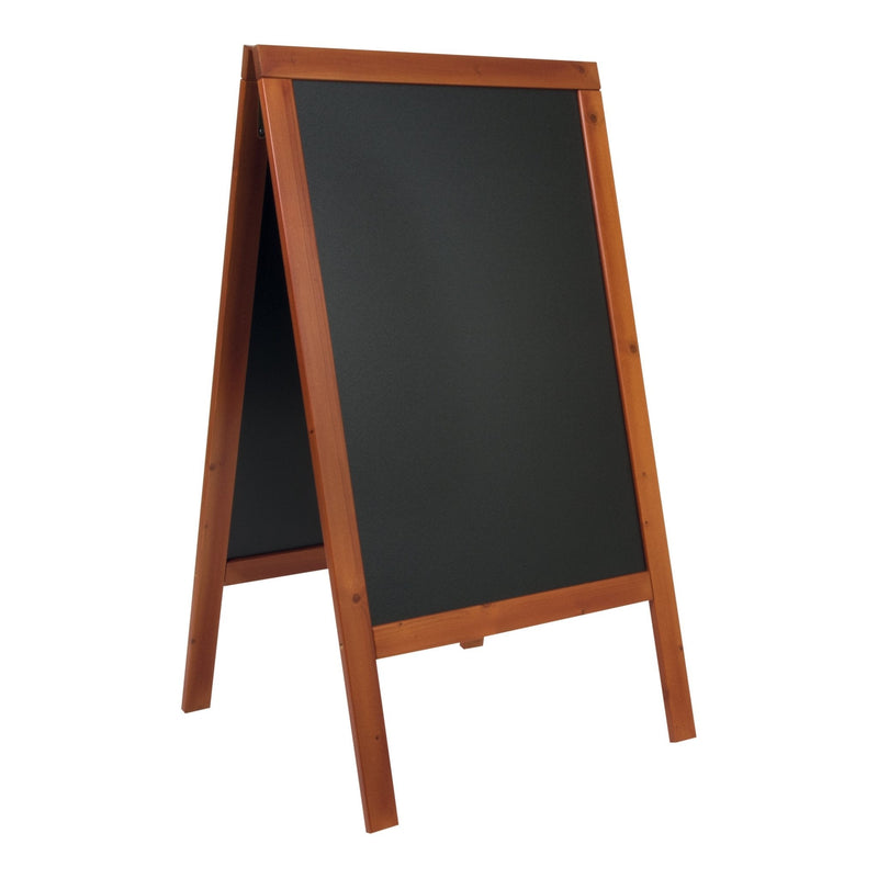 Load image into Gallery viewer, Securit Chalkboard Set - Woody Large Pinewood Pavement Board in Mahogany 120 cm - Board + Waterproof Markers + Cleaner - in use
