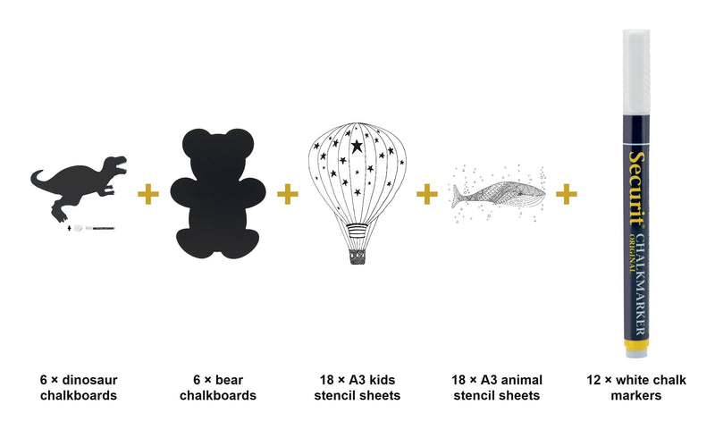 Load image into Gallery viewer, Dinosaur &amp; Bear Kids Chalkboard Set - Silhouette Wall Chalkboards + Kids &amp; Animal Stencils + White Chalk Markers - what is in the set
