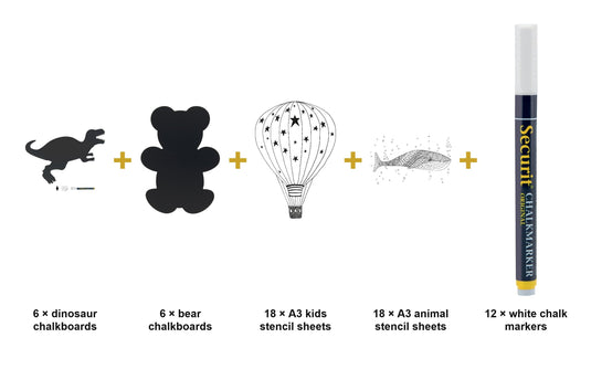 Dinosaur & Bear Kids Chalkboard Set - Silhouette Wall Chalkboards + Kids & Animal Stencils + White Chalk Markers - what is in the set