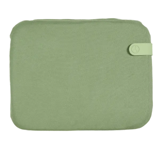 Fermob outdoor eucalyptus green cushion measuring 38x30cm, designed for outdoor chair seats, with burgundy fabric.