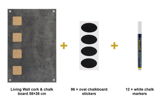 Family Kitchen Memo Board Set - Living Wall Cork & Chalk Board + Chalkboard Stickers + White Chalk Markers - what is in the set