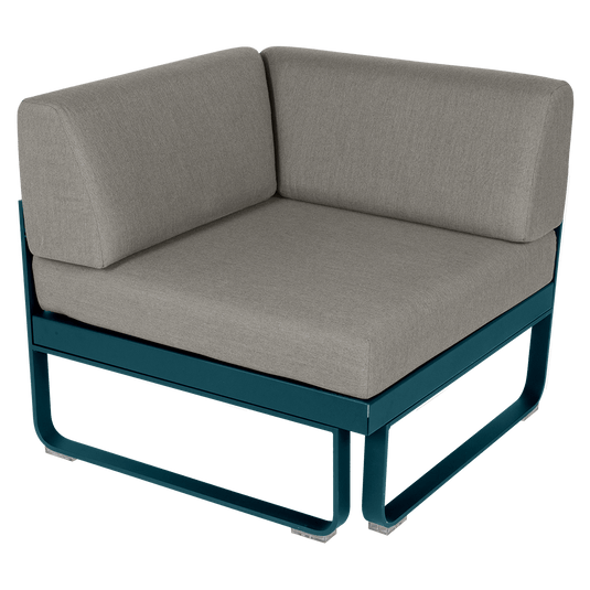 Fermob Bellevie 1-Seater Corner Module – Acapulco Blue frame with Grey Taupe fabric cushions