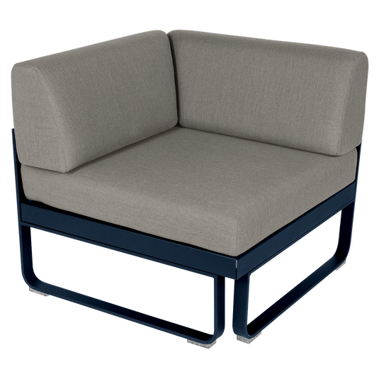 Fermob Bellevie 1-Seater Corner Module – Deep Blue frame with Grey Taupe fabric cushions