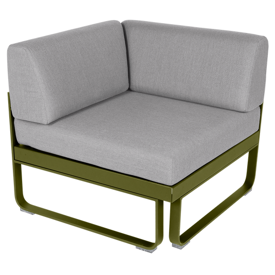 Fermob Bellevie 1-Seater Corner Module – Pesto Green frame with Flannel Grey fabric cushions