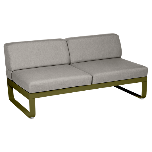 Fermob Bellevie 2-Seater Central Module – Pesto Green frame with Grey Taupe fabric cushions
