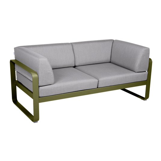 Fermob Bellevie 2-Seater Club Sofa – Pesto Green frame with Flannel Grey fabric cushions