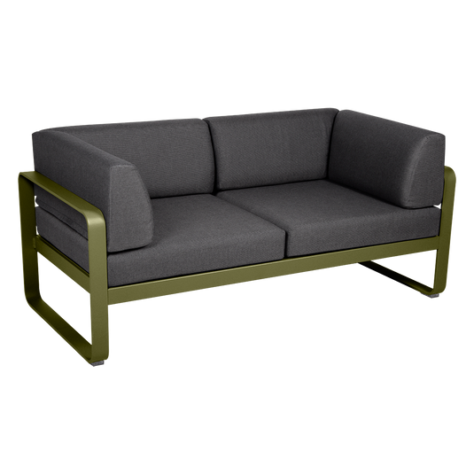 Fermob Bellevie 2-Seater Club Sofa – Pesto Green frame with Graphite Grey fabric cushions