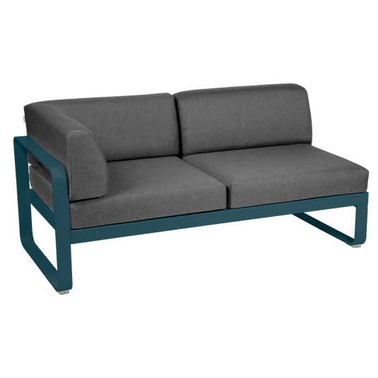 Fermob Bellevie 2-Seater Left Corner Module – Acapulco Blue frame with Graphite Grey fabric cushions
