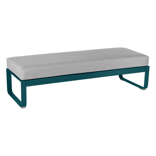Fermob Bellevie 2-Seater Ottoman Bench – Acapulco Blue frame with Flannel Grey fabric cushions