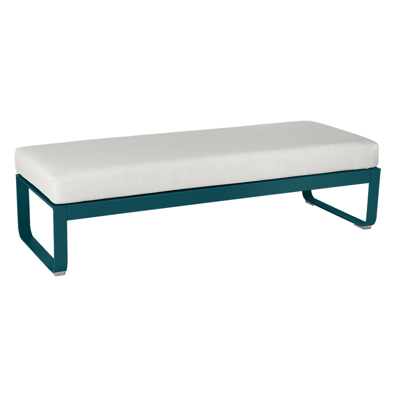 Load image into Gallery viewer, Fermob Bellevie 2-Seater Ottoman Bench – Acapulco Blue frame with Off-White fabric cushions

