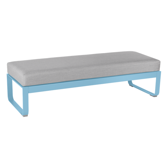 Fermob Bellevie 2-Seater Ottoman Bench – Maya Blue frame with Flannel Grey fabric cushions
